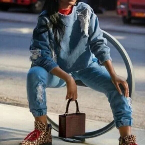 Designer Fall/Winter 2018 RTW Collection Distressed Denim Top/Sweater Blue S - Picture 3 of 6